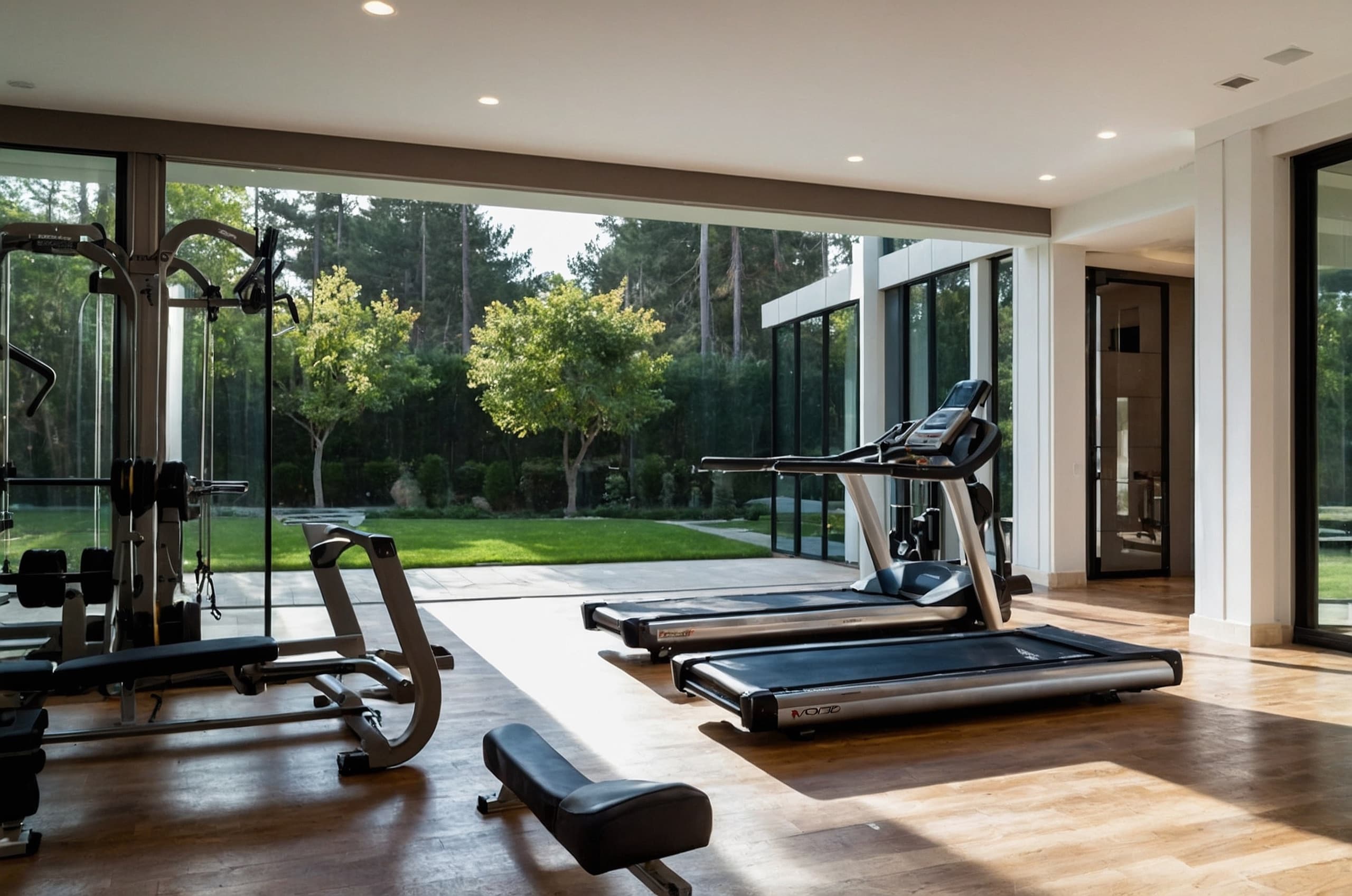 Home gym dengan hiasan dinding berbingkai dan peralatan di dekat jendela besar